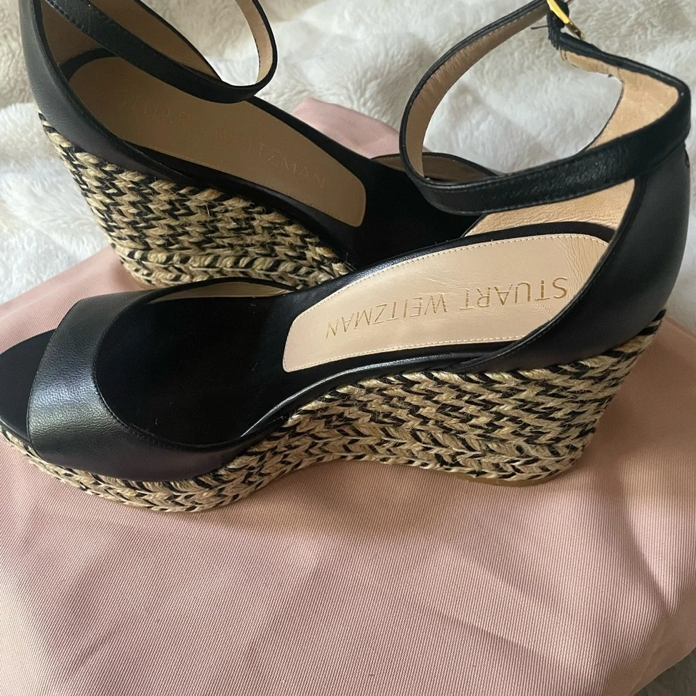 Stuart Weitzman Black Leather Espadrille Wedge Sandals